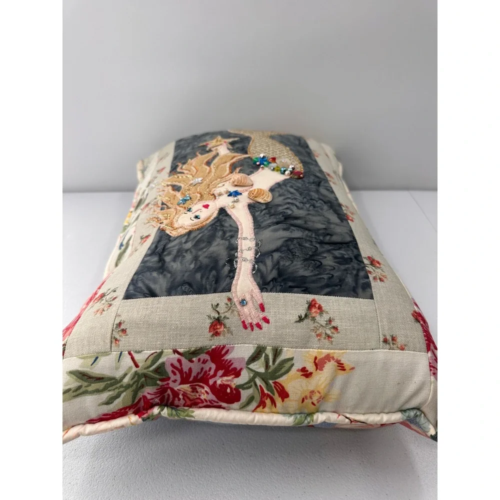 Handmade Mermaid Accent Pillow Embroidered Shells Floral 20x13 Coastal Decor